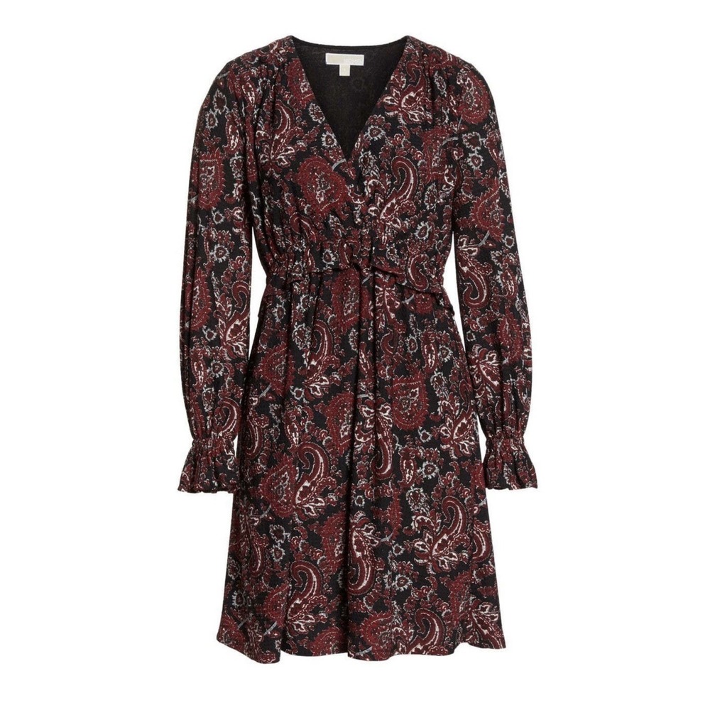 Michael‎ Michael Kors Red Black Paisley V-Neck Long Sleeve Mini Dress Size M